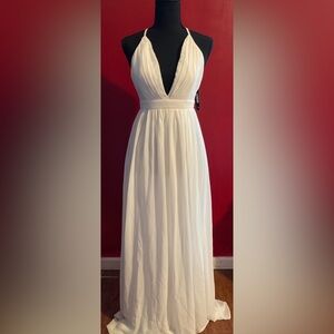 Fashion Nova Long White Mesh V neck Formal Dress